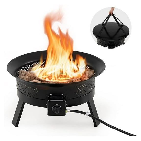 Portable Propane , 24.5 Inch 58,000 BTU Smokeless Fire Bowl with Carry Strap, Lid & Folding Legs, Base Holder, Outdoor Gas for Camping Patio Backyard