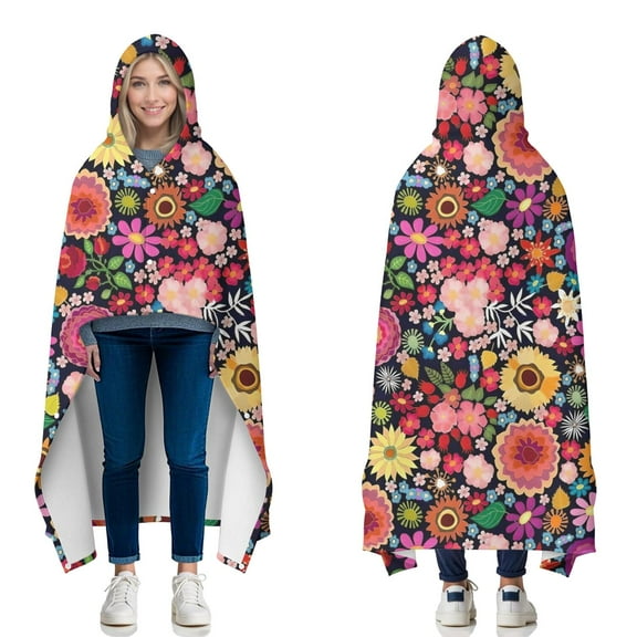 Wearable Blanket,Pioneer Flower Floral Print Pattern Hooded Wearable Flannel Blanket for Adults & Teens with Buckle,Winter Poncho Shawl Wrap Cape,50"x60"