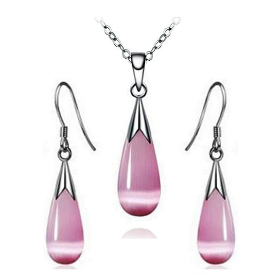 Emma Manor EM 14k White Gold Plated Synthetic Pink Moonstone Necklace Earring Women Jewelry Set