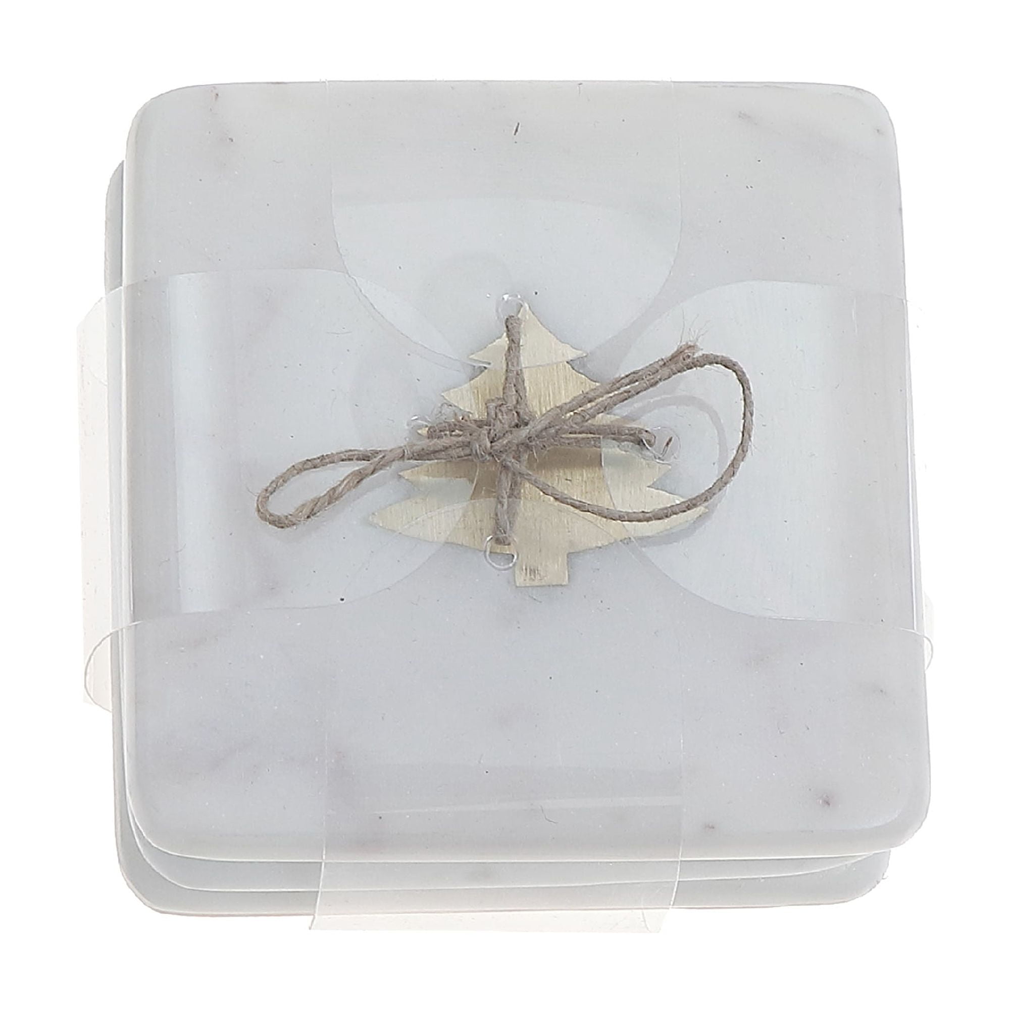 4Pc Whi'te Marble Square Coaster W/ Tree Brass Inlay (4X4")