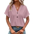thumbnail image 1 of Tops con cuello en V para mujer Manga de murciélago Color puro Moda Casual Transpirable Botón Mangas cortas Tops para la oficina diaria Rosa oscuro S, 1 of 6