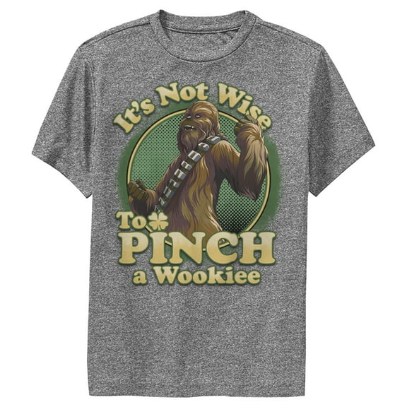 Boy's Star Wars St. Patrick's Day It's Not Wise To Pinch A Wookie Performance Graphic Tee Charcoal Heather Large