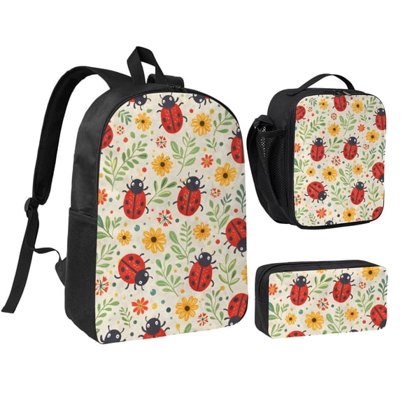 Ladybug Floral Backpack Set 3pc Including Backpack, Lunch Bag and Pen Bag Combination