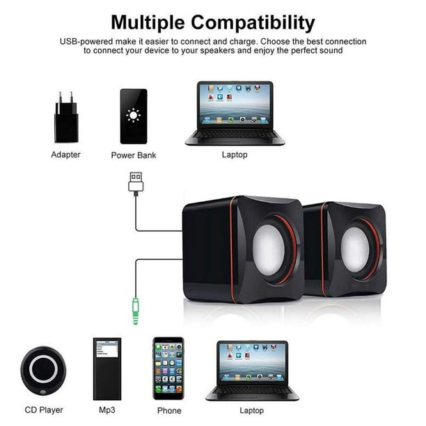 3.5mm Jack Compact Laptop Speakers, Mini Compact Stereo Small Square Audio Laptop Desktop Computer USB Speaker -