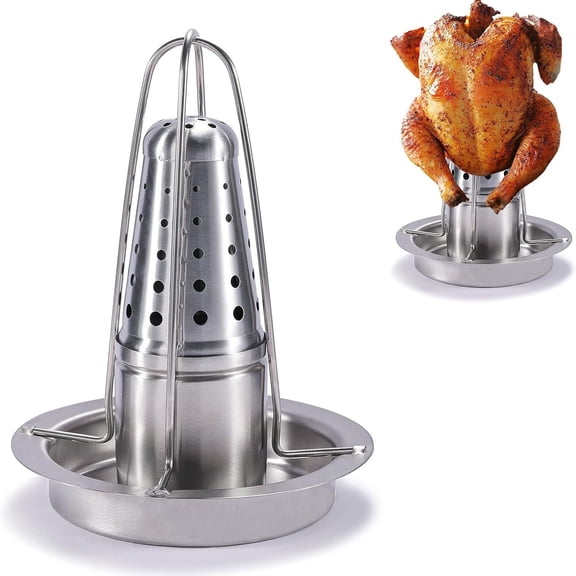 Beer Can Chicken Holder for Grill and Smoker - Premium Grade 304 Stainless Steel Chicken Holder - Poultry roasters with flavouring Container.(1 Pack)