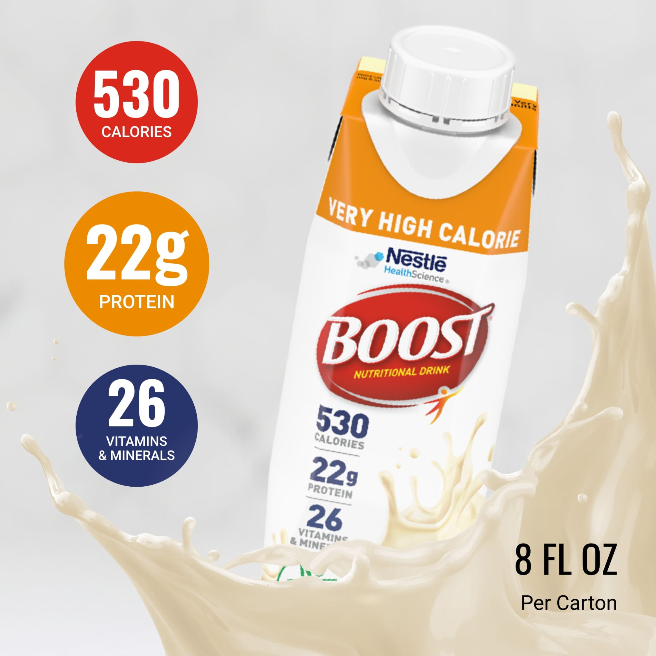 BOOST Very High Calorie Nutritional Drink - Helps Weight Gain & Maintenance - Very Vanilla - 8 fl oz (1 Carton)