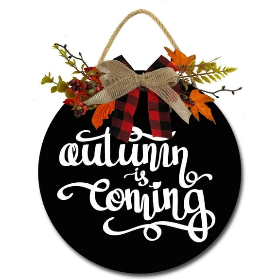 Eveokoki 11" Autumn Coming Wooden Door Sign, Welcome Front Door Plaque Hanger Home Decoration for Farmhouse Office Coffee Shop,Hanging Sign Board with Hanging String for Home Decor