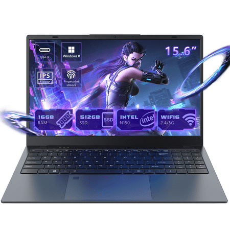 Ningmei HustleForge 15.6 inch Windows Laptop Intel N150 16GB RAM 512GB SSD Wifi6 Bluetooth5.2 1080P FHD IPS Display Fingerprint Unlock