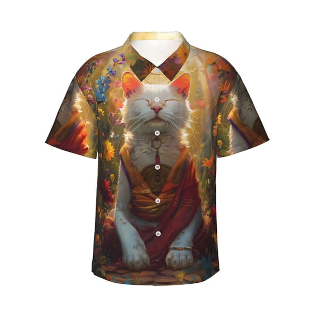 Balery Sunshine Flower Meditating Cat Camisas hawaianas de manga corta para hombre, camisas playeras de corte holgado, camisas de vacaciones con botones,X-Large