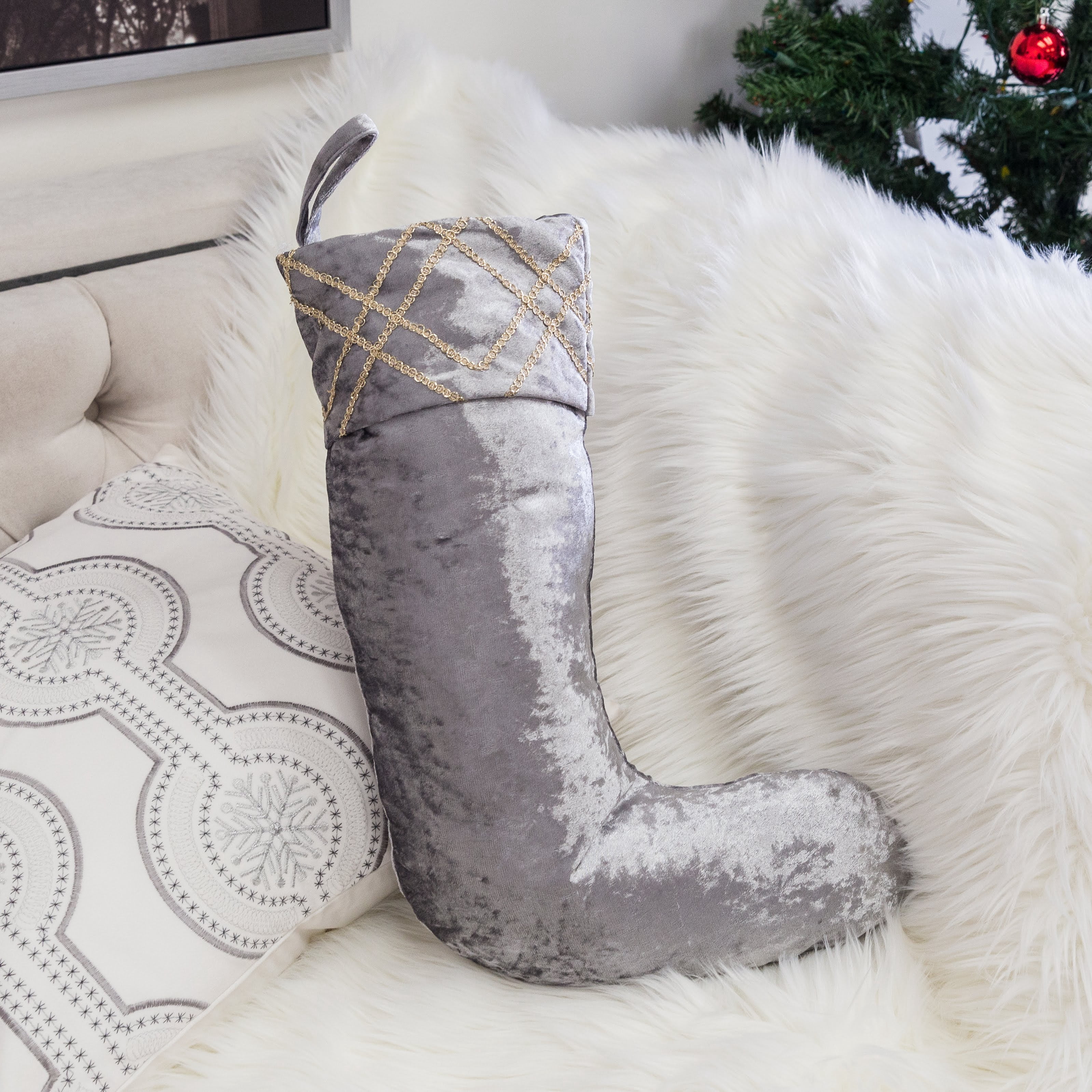 20 in. Gray Velvet Christmas Sequin Embroidered Stocking with Stitched Accents