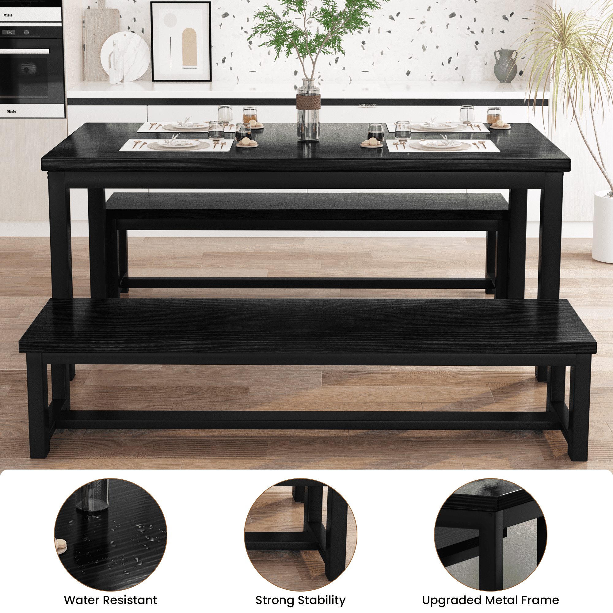 Baxluxe Dining Table Set, Rectangular Dining Table with Bench Set, Dining Table Set for 2-4 for Apartment, Kitchen and Dining Room, Black