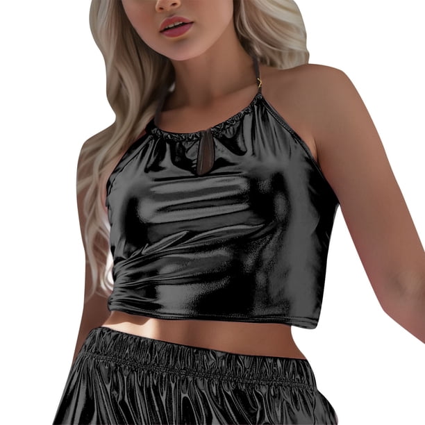 Gibobby Camiseta sin mangas lacada sexy sin tirantes con cuello sin espalda para mujer(Negro,XG)