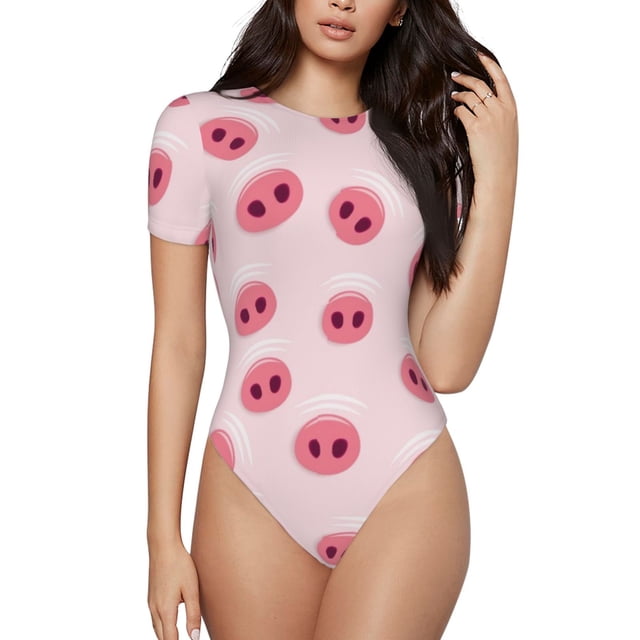 Kdxio Mignon Imprimé Nez de Cochon Justaucorps à Manches Courtes Col Rond Modal Doux Confortable Ajusté Aguichant Haut-Grand