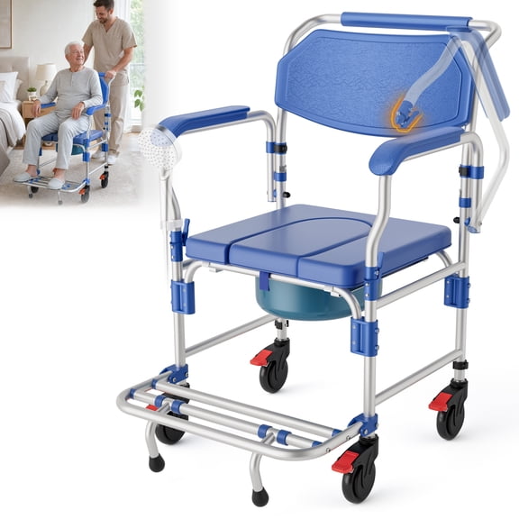 Morrean Updated Rolling Shower Chair Bedside Commode, Lockable Wheelchair Bedside Toilet Seat, 6.3QT Removable Bucket and Splash Guard, 330lbs Load