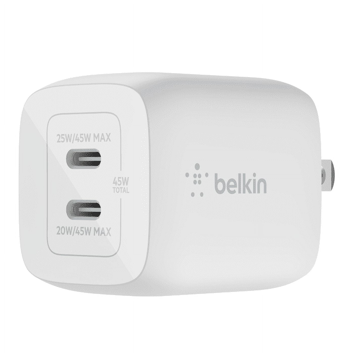 (2 pack) Belkin 45W Dual USB-C Wall Charger, Fast Charging Power Delivery 3.0 w/ GaN Technology for iPad, iPad Pro, MacBook, Galaxy S23, & More - White (WCY012dqWH-RF)