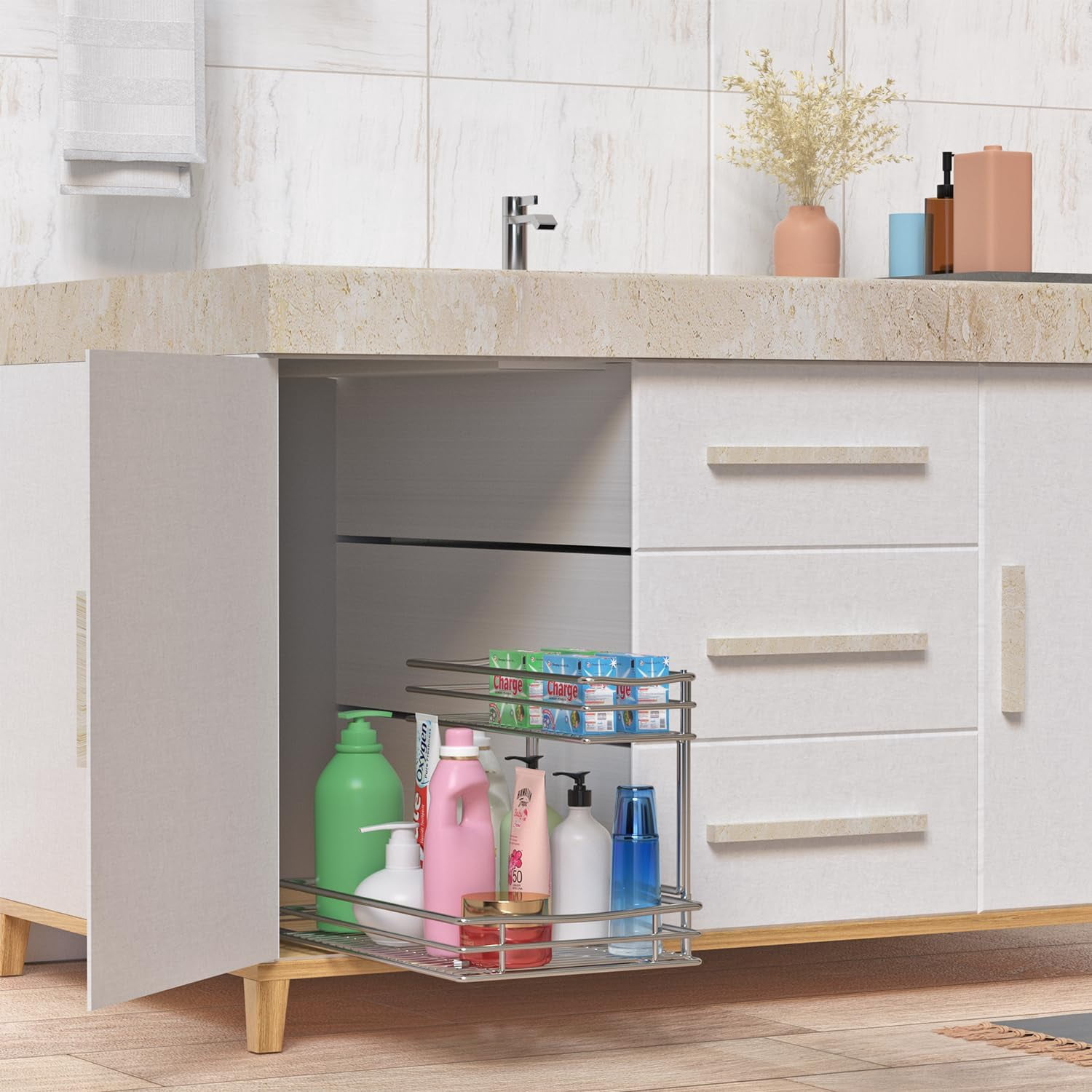 VyGrow Pull Out Cabinet Organizer 2 Tier Under Sink Organizers and Storage, Multi Purpose Sliding Cabinet Basket for Cabinet Countertop Shelf Holder, Sliver