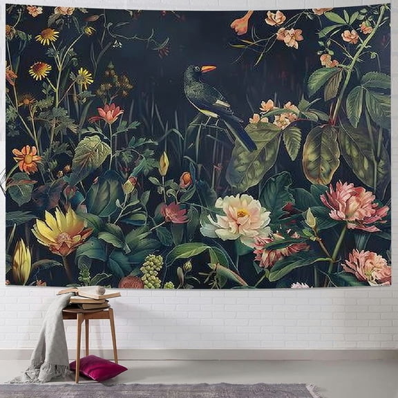 PRATYUS Jungle Garden Flowers Birds Tapestry, Dark Natural Plant Floral Tapestry Tropical Botanical Aesthetic Wall Hanging for Bedroom Living Room College Dorm Home Office  Painting