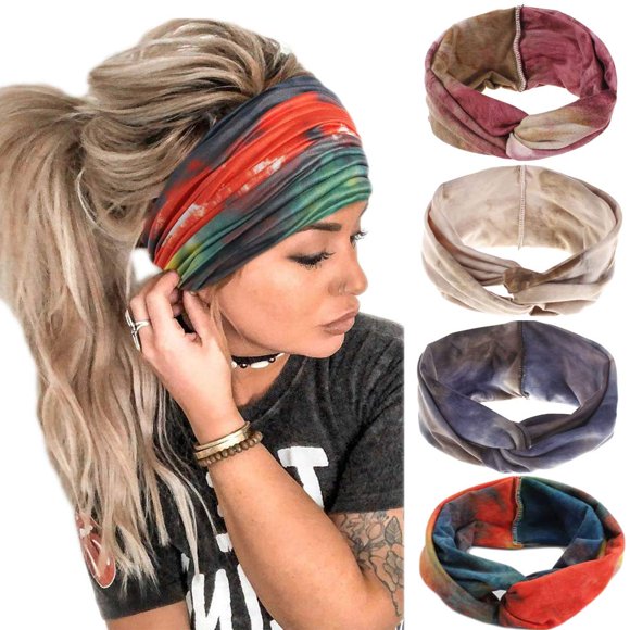 DINPREY Banda para el Cabello Criss Cross Tie Dye 4 Piezas Diademas Boho Pañuelo de Paisley Bandanas Anchas para la Cabeza Banda para el Sudor Deportiva de algodón Anudada para Yoga Bandas para la Cab