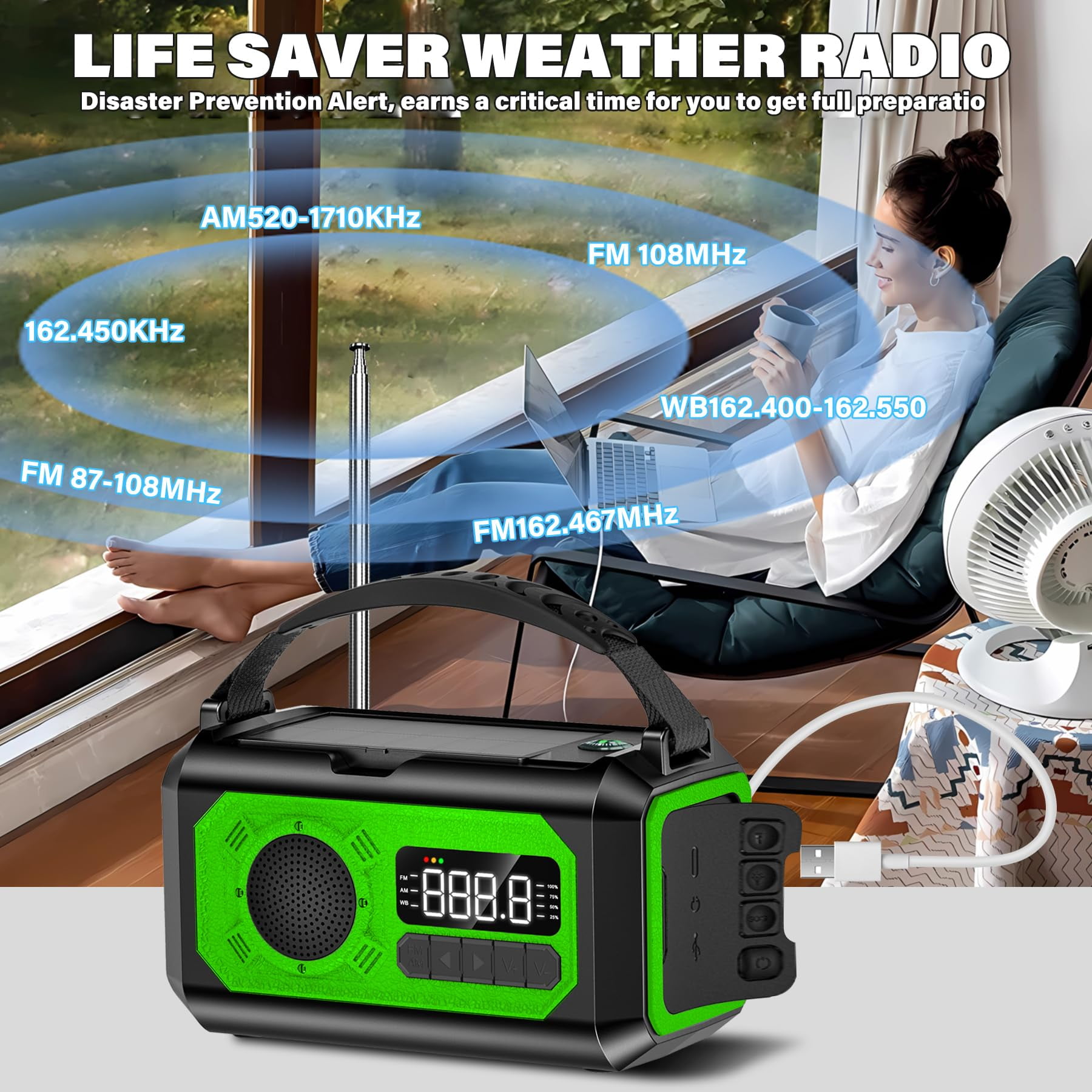 JOUALY 12000mAh Emergency Radio, AM/FM/NOAA Weather Radio,Portable Hand Crank Radio,Multi-Function Solar Radio,2 Solar Panels,USB Type-C Charging,Torch & LED Reading Lamp,SOS Alarm,Compass