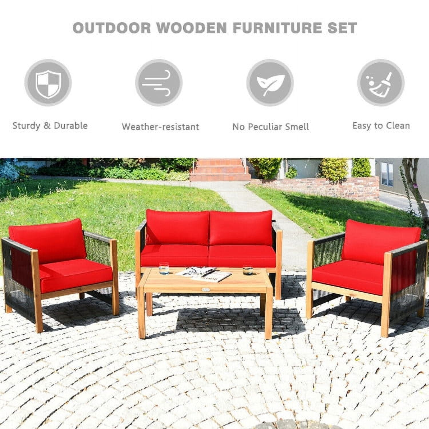 Aimee Lii 4 Pieces Acacia Wood Outdoor Patio Furniture Set with Cushions, Wooden Patio Furniture Set, Red Aimee Lii 4 Pieces Acacia Wood Outdoor Patio Furniture Set with Cushions, Wooden Patio Furniture Set, Red