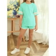 thumbnail image 3 of Langwyqu Girls Casual 2 Pieces Sweatsuit Short Sleeve Striped Tops & Track Shorts Suit For 6-15 Years, 3 of 5