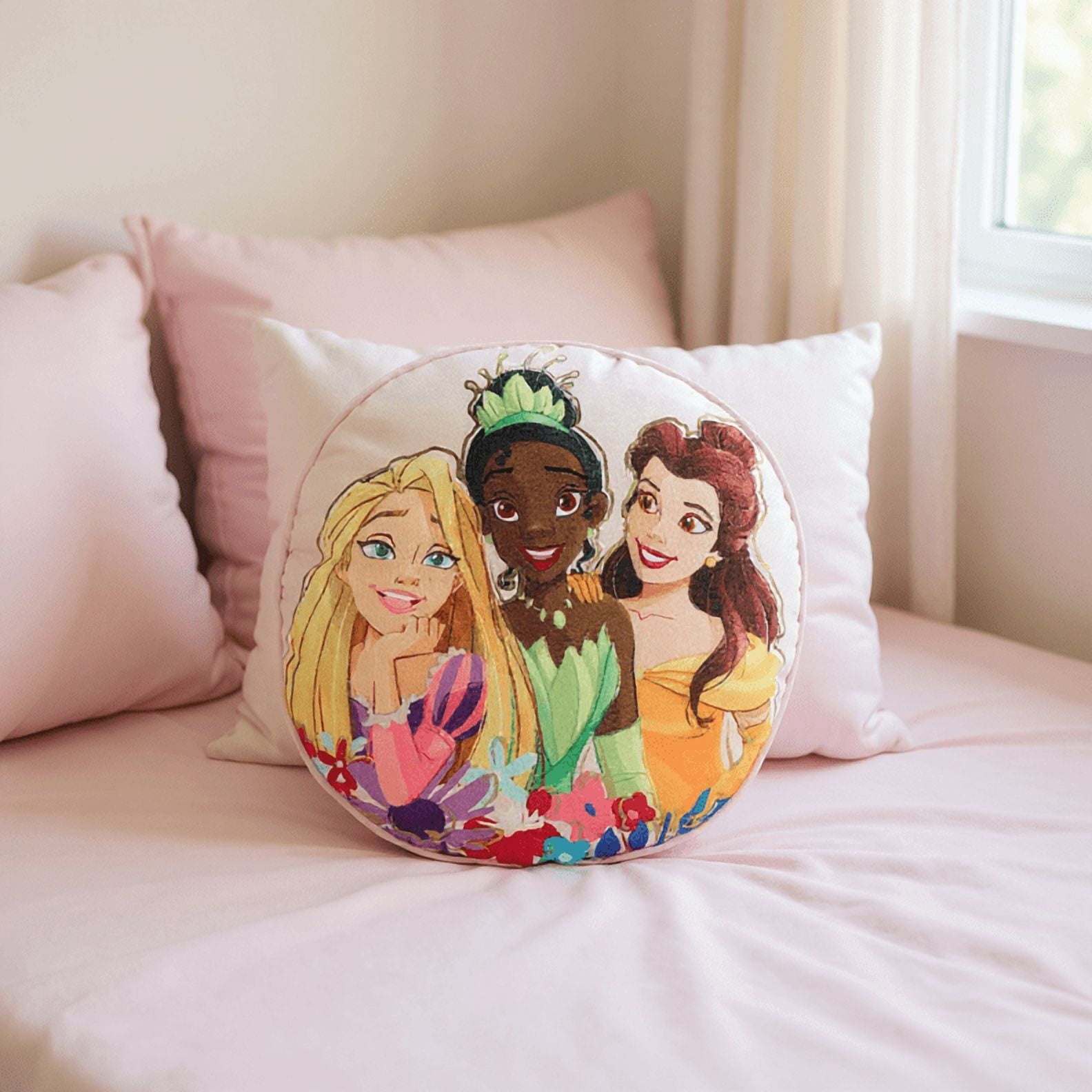 Princess Floral Gardens 14in Round Decorative Pillow, Polyester, Pink, Disney