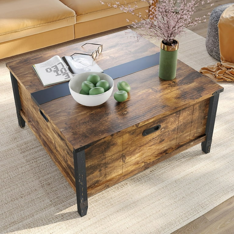 Bestier 35.4 inch Farmhouse Square Coffee Table with Large Storage for Living Room Rustic Brown