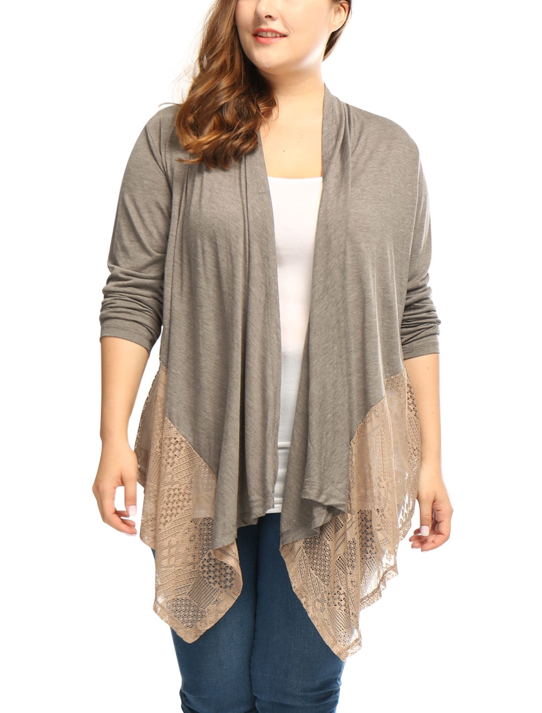 Unique Bargains Women's Plus Size Draped Front Asymmetric Hem Lace Panel Cardigan | Walmart Canada