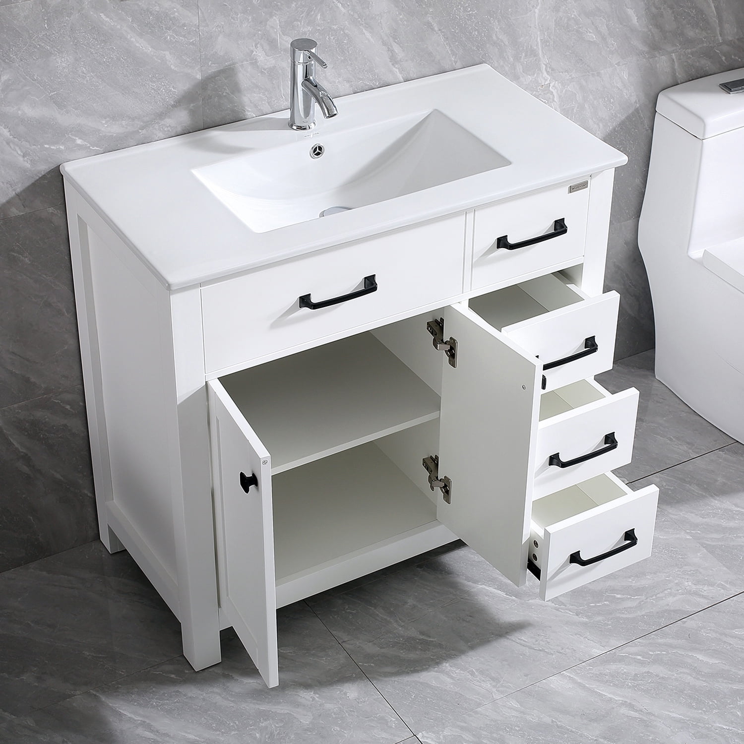 Wonline 36" White Bathroom Vanity Wood Cabinet and Mirror Vanities Set Free Standing Vanity Only