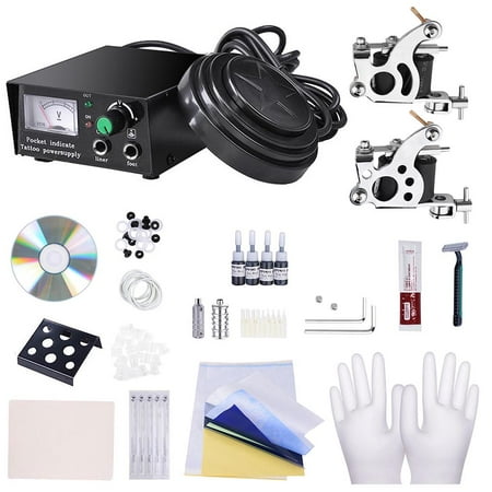 - Complete Tattoo Kit 2 Machine Gun Power Supply 4 Black Ink Needles Grips Tips Basic Set Equipment