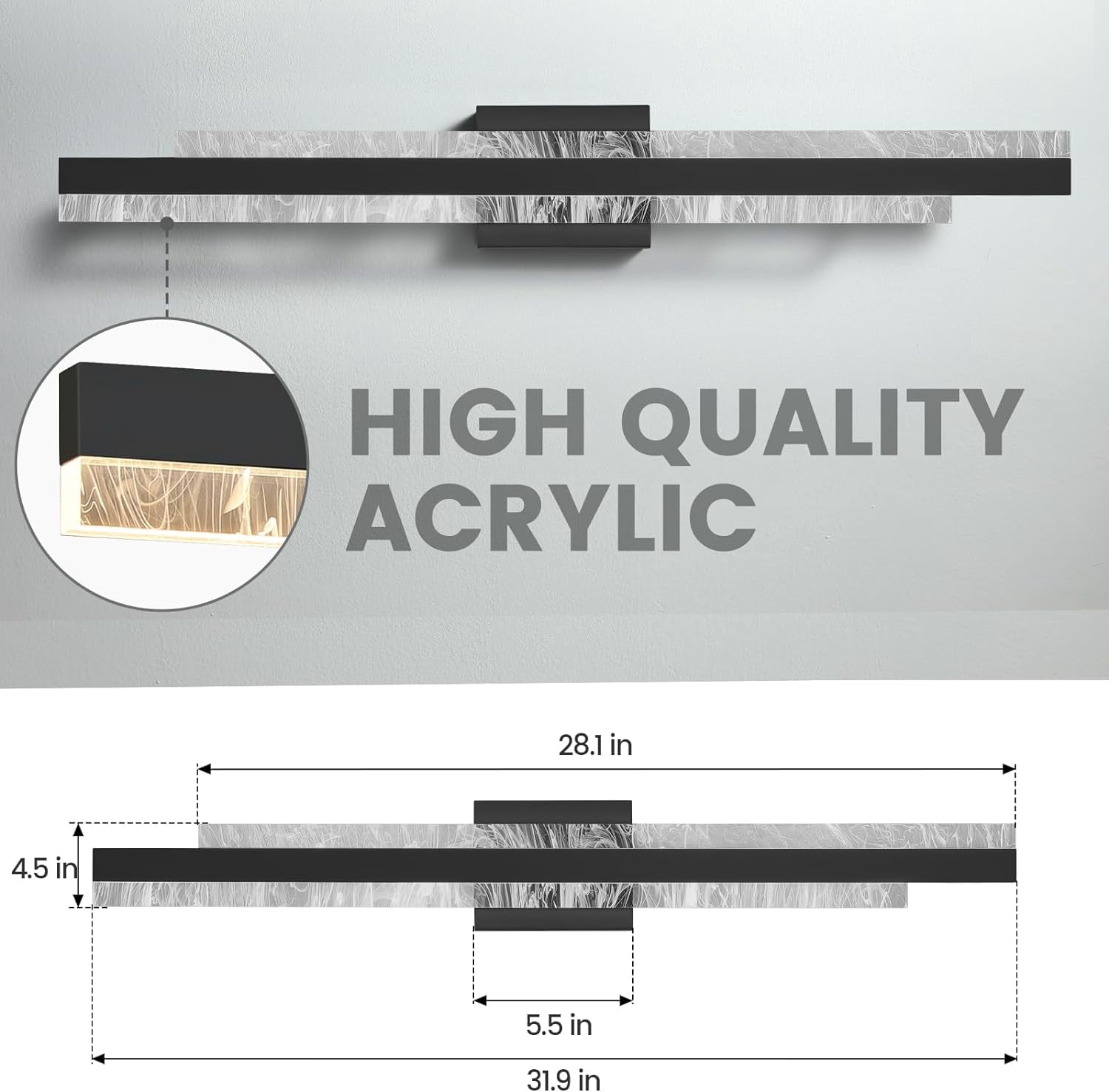 Matte Black Modern Bathroom Vanity Light 32 inch Dimmable LED Bath Bar Light Fixtures Over Mirror Wall Sconce Picture Lights for Paintings Cabinets Bedroom
