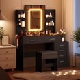 thumbnail image 4 of CazToi Vanity Desk with 3-Color Adjustable LED Mirror Black Makeup Vanity with 6 Drawers & Shelves Charging Station Stool, 4 of 6