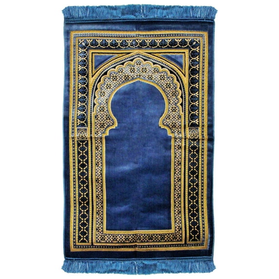 Blue Gold Flower Border Authentic Turkish Islamic Muslim Prayer Rug With Tassles