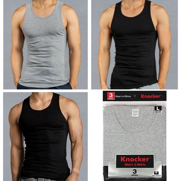 247 Frenzy Men's Essentials Knocker PACK OF 3 Solid Cotton Lightweight Tank - Black (2), Heather Gray (1) - SIZE MEDIUM