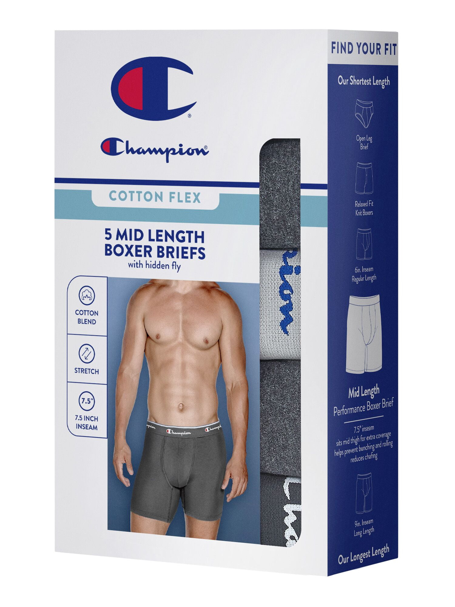 Champion Men’s Boxer Briefs – 5 Pack Cotton Flex Underwear, Longer Leg, Hidden Fly, Sizes S–2XL