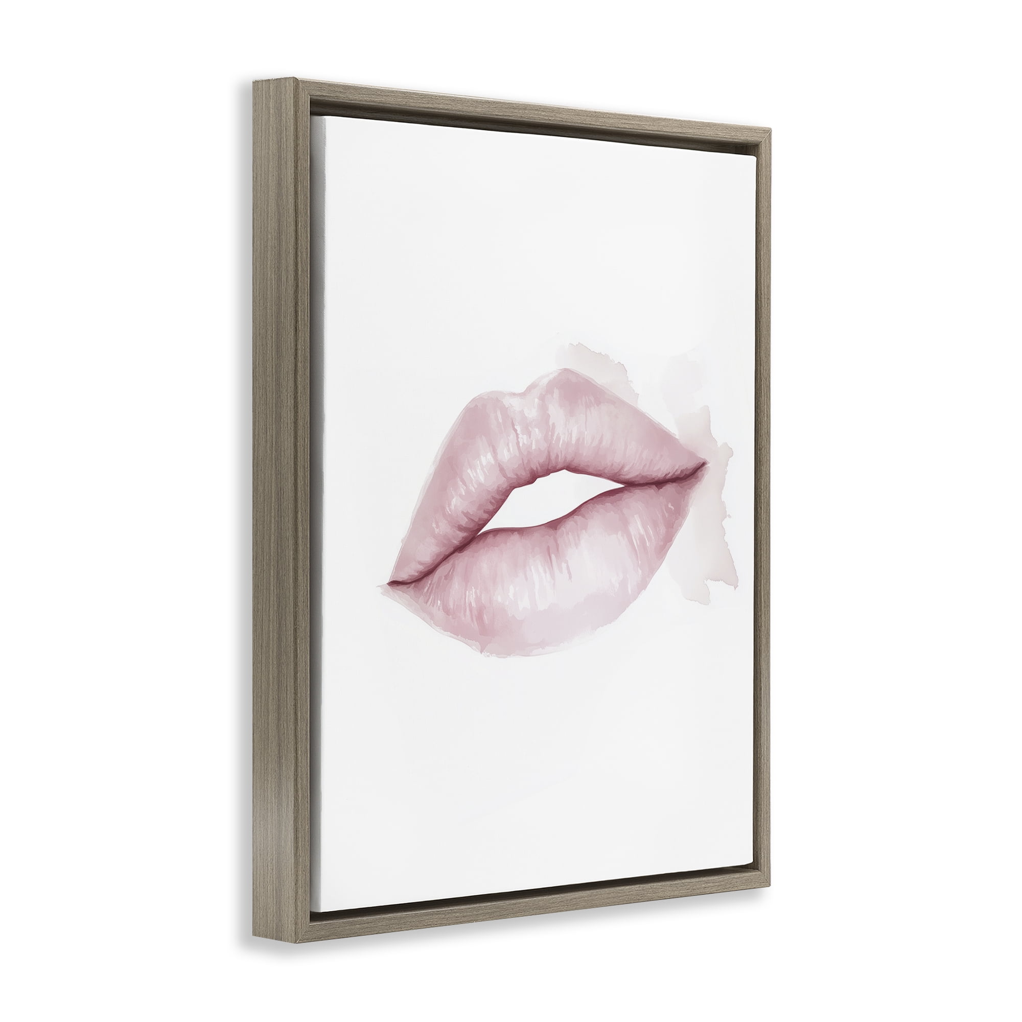 Pink Lips Watercolor Brown Framed Floater Canvas Wall Art, design by Christine Simpson Art