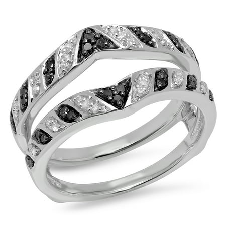 - 0.30 Carat (ctw) 14K Gold Round Black & White Diamond Anniversary Wedding Band Guard Double Ring 1/3 CT