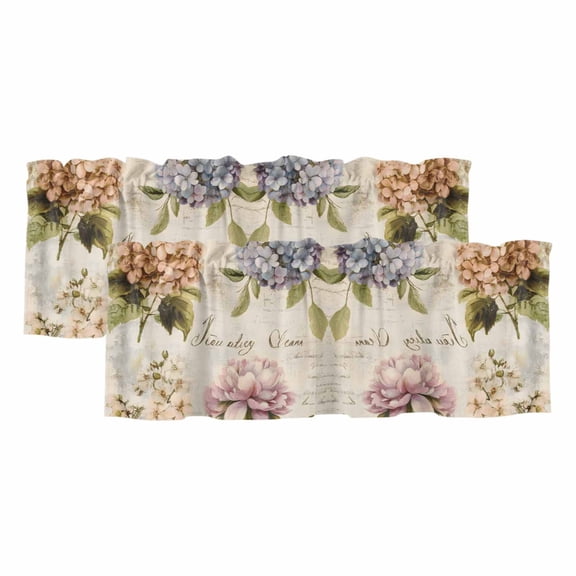 Spring Hydrangea Floral Curtain Valances for Windows, Kitchen Valance Window Treatments Panel 2 Pack, Vintage Botanical Flowers Rod Pocket Short Curtains for Bathroom Bedroom 42 x 18 Inch