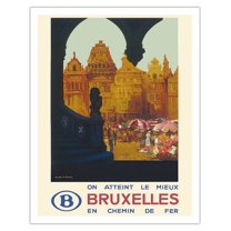 Brussels Belgium - Is Reached Best by Railway - The Grand Place - Vintage Travel Poster by Frank H. Mason c.1930 - Fine Art Matte Paper Print (Unframed) 11x14in
