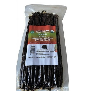 8oz Madagascar Organic Vanilla Beans Grade B for Extract. 6"-7" by FITNCLEAN VANILLA for Paste and Baking (1/2 Lb) Whole NON-GMO Pods. Certified USDA Organic