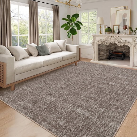 Garvee 10'x13' Solid Area Rugs, Washable Modern Accent Rugs Foldable Printed Indoor Rug Carpet, Stain-Resistant Soft Low Pile Floor Mat for Living Room Bedroom Offices, Brown