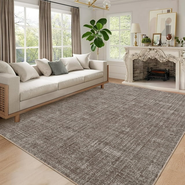 Garvee Tapis de Zone Uni 9'x12 Pieds, Tapis d'Accent Modernes Lavables Pliables Imprimés pour Intérieur, Tapis Moquette Résistant aux Taches à Poil Ras Doux pour Salon Chambre Bureaux, Brun