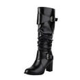 thumbnail image 5 of Slouchy Wide Mid Calf Boots for Women 2025 Winter Fall Leather Buckle Slouch Block Heeled Knee High Tall Boots Black, 5 of 6