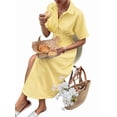 thumbnail image 3 of Women Button Front Pleated Shirt Dresses Summer Casual Short Sleeve Pleated Blouse Mini Dress Yellow XXL, 3 of 8