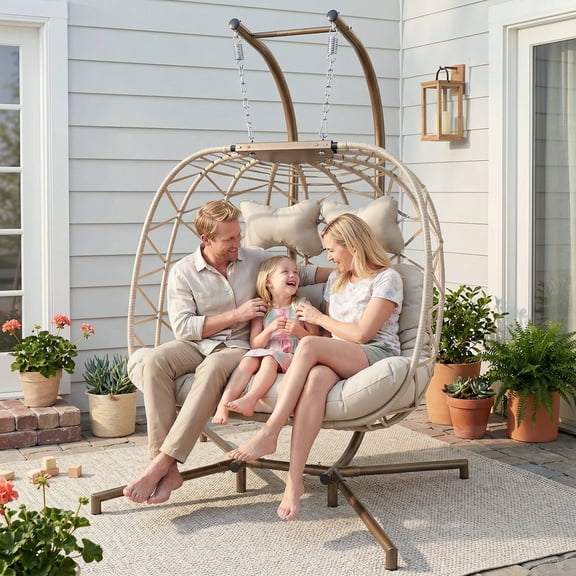 RADIATA Double Egg Chair with Stand, 2 Person Egg Chair Outdoor Swing for Patio Garden, Handwoven Wicker Swing Egg Chair with 5-Inch Thick Cushion, 670lbs Capacity,Beige