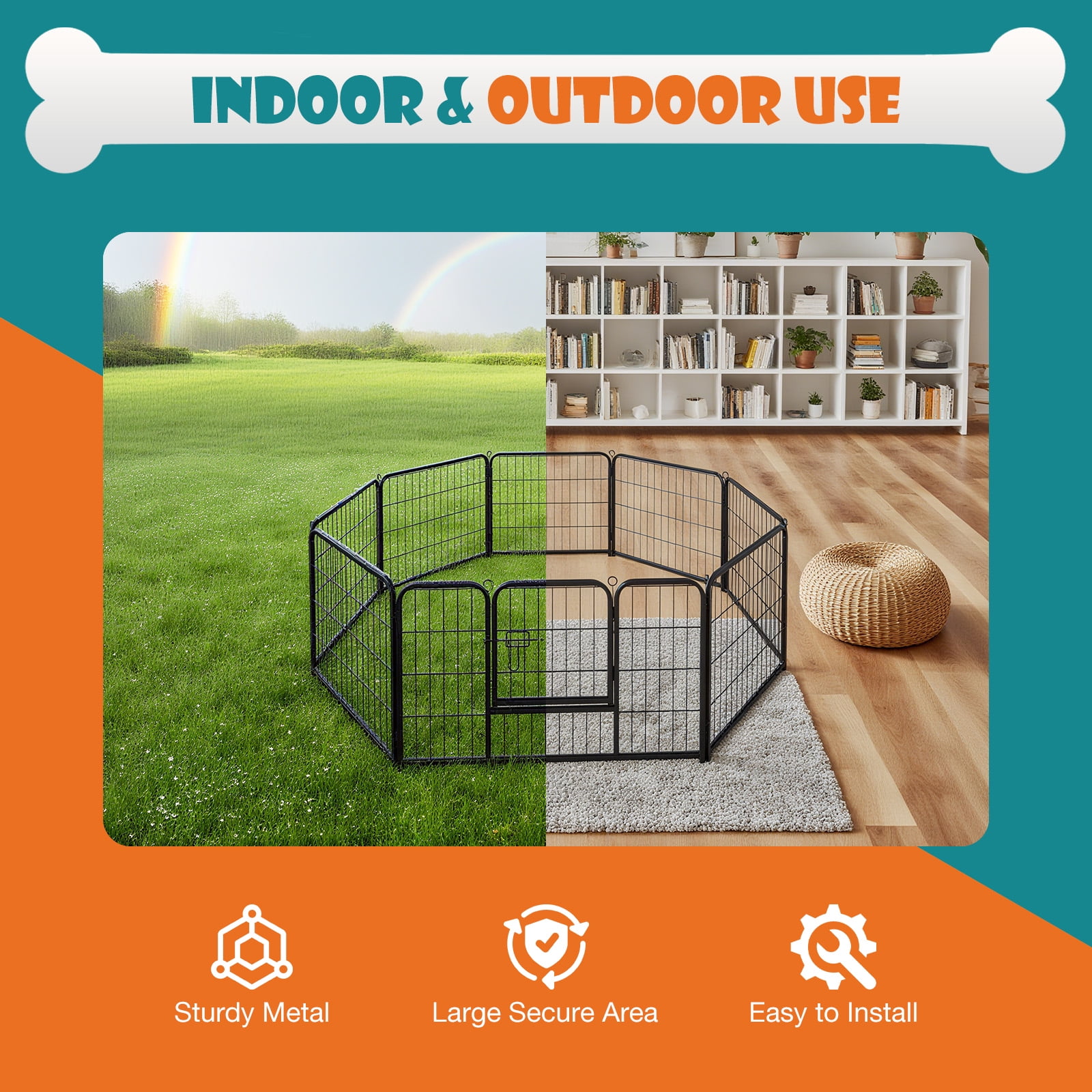 CONCETTA 24-Inch Dog Playpen with Secure Locking Door - Foldable 8-Panel Metal Exercise Pen for Puppies, Small Animals - Portable, Space-Saving Indoor/Outdoor Pet Enclosure