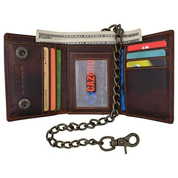 Men's RFID Signal Blocking Motorcycle Biker Brown Trifold Wallet With Chain