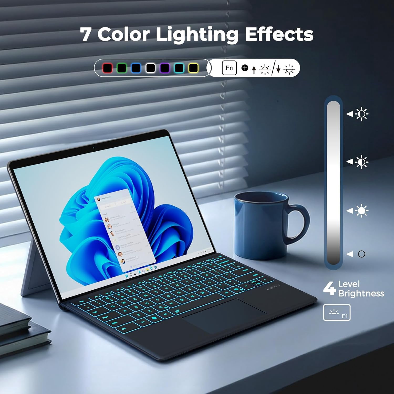 Meetion Surface Pro Keyboard, 7-Color Backlit, Detachable Bluetooth, Trackpad & Pen Slot, Rechargeable