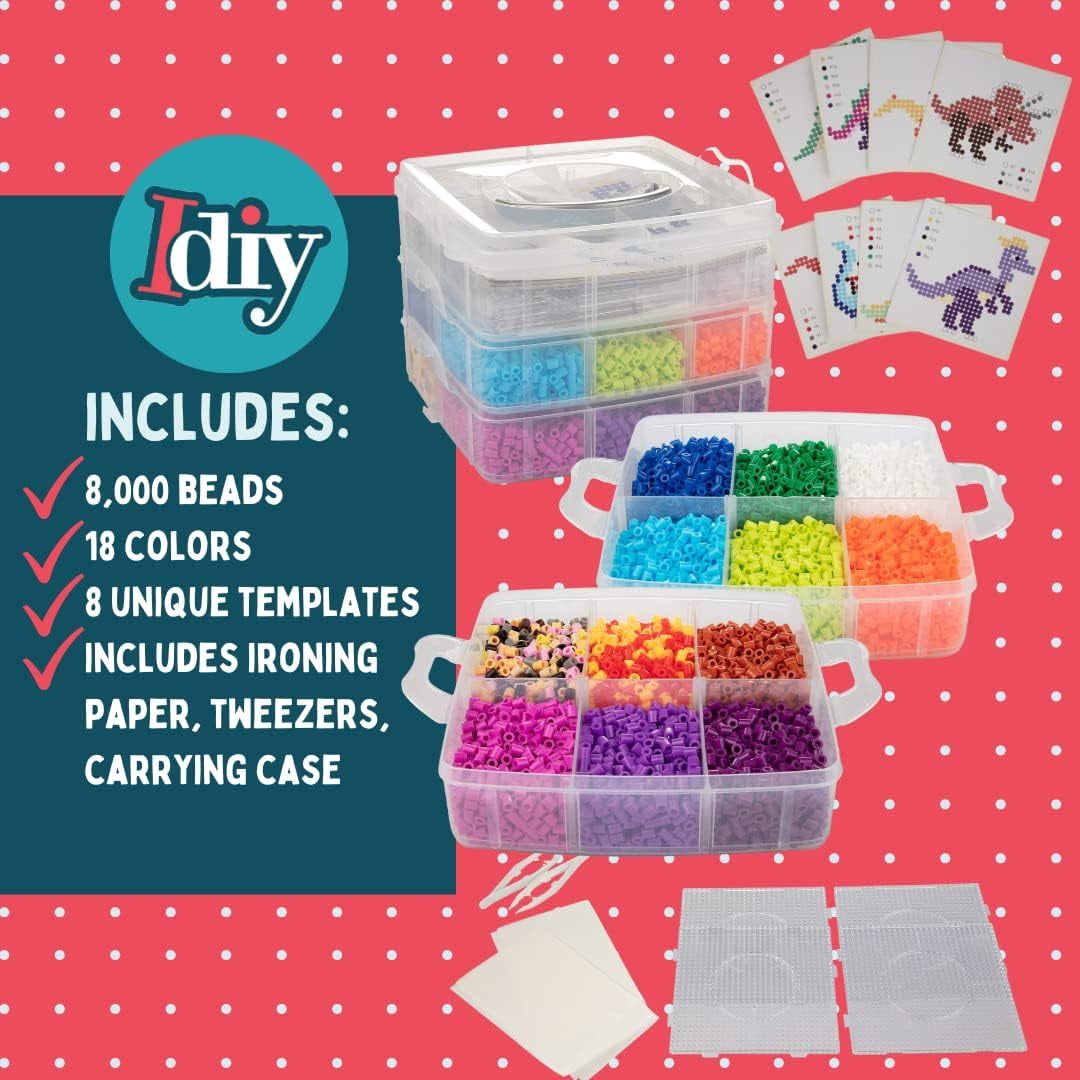 8,000pc DIY Complete Fuse Bead Kit w Carrying Case - Dinosaurs - 18 Colors, 8 Unique Templates, 4 Peg Boards, Tweezers, Ironing Paper - Works w Perler Beads, Pixel Art Color by Numbers Toy Project