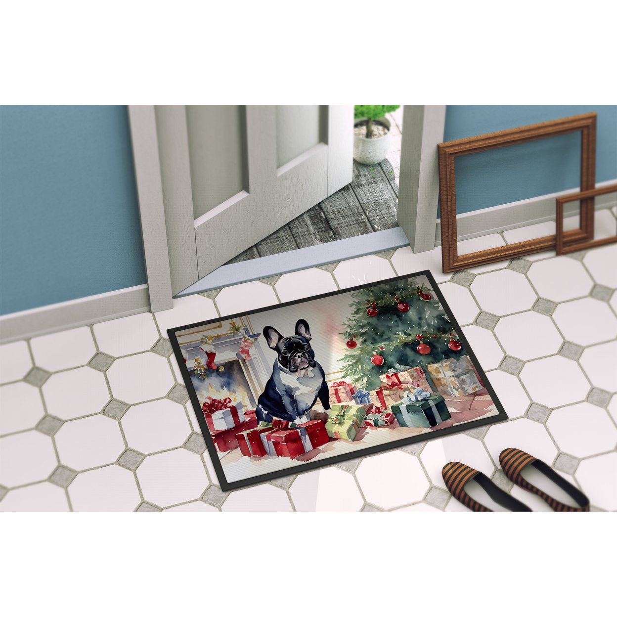 Carolines Treasures DAC2659MAT 0.15 x 18 x 27 in. French Bulldog Cozy Christmas Doormat
